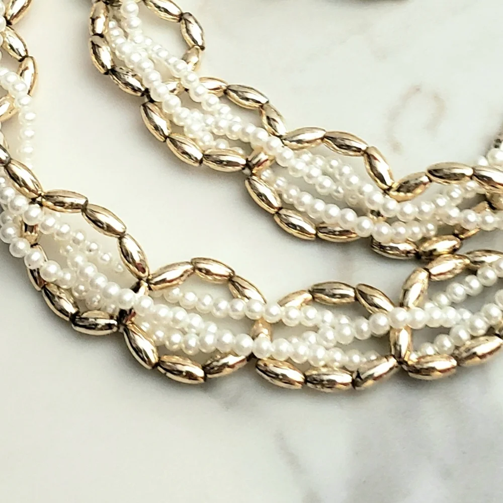 Gold and White Pearl and Mixed Bead Long Necklace 14" - Picture 4 of 8